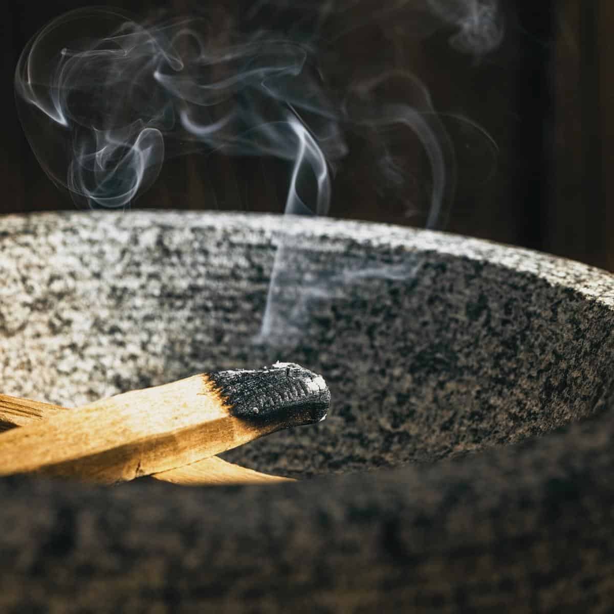 A smoldering palo santo stick rests on the edge of ceramic bowl sending up a waft of white smoke.