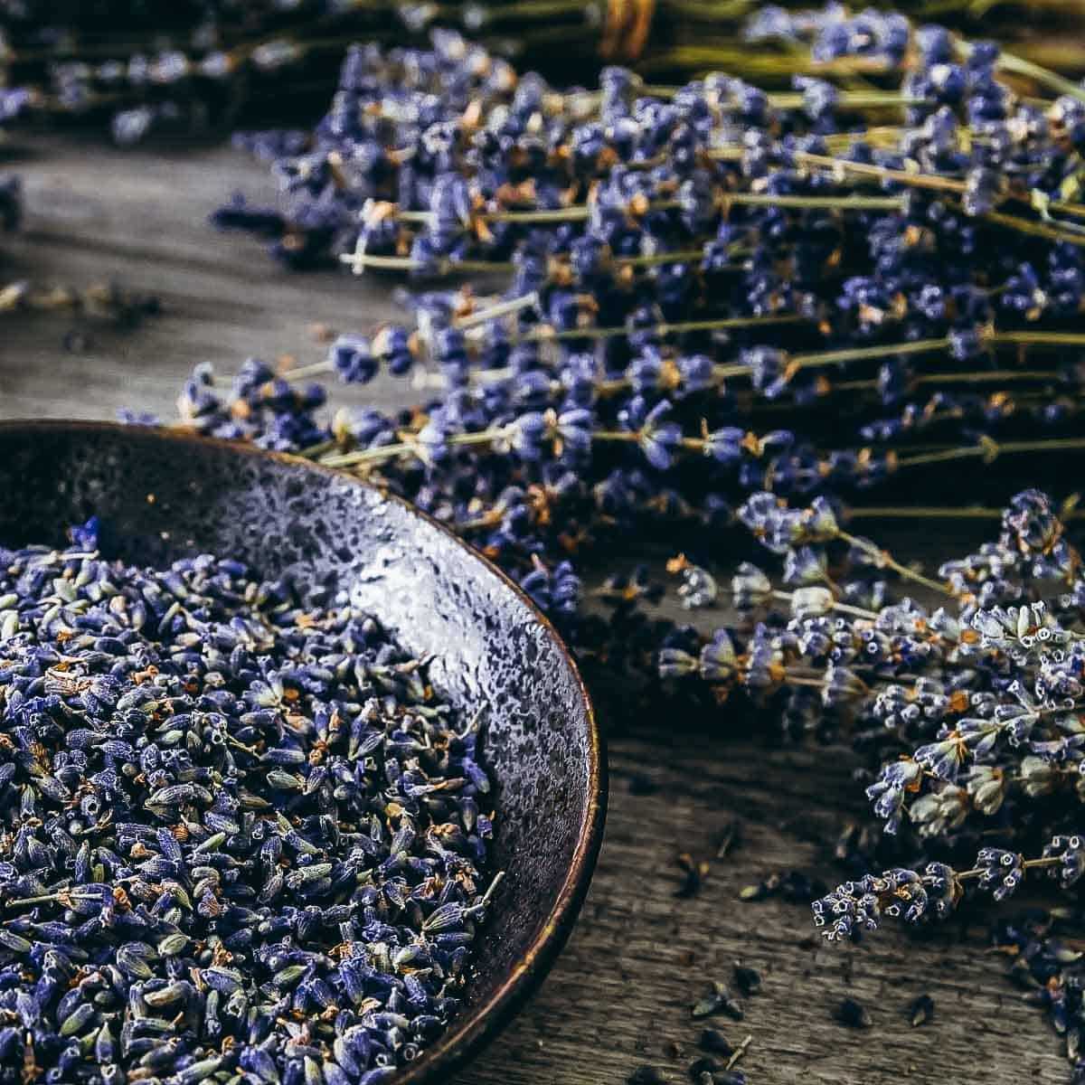 A black ceramic bowl filled with tiny dried purple flowers.