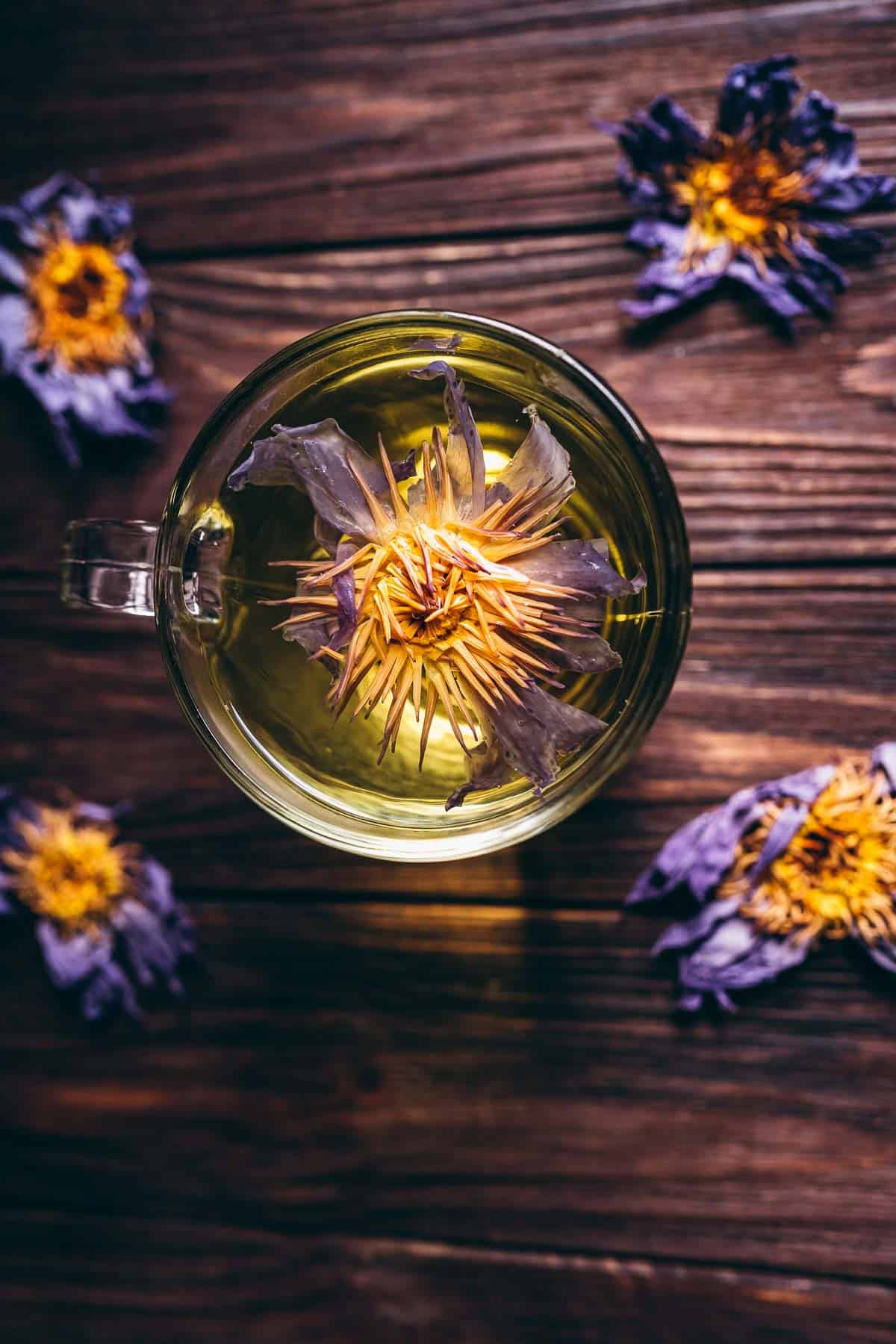 Top view of a mug of blue lotus tea.