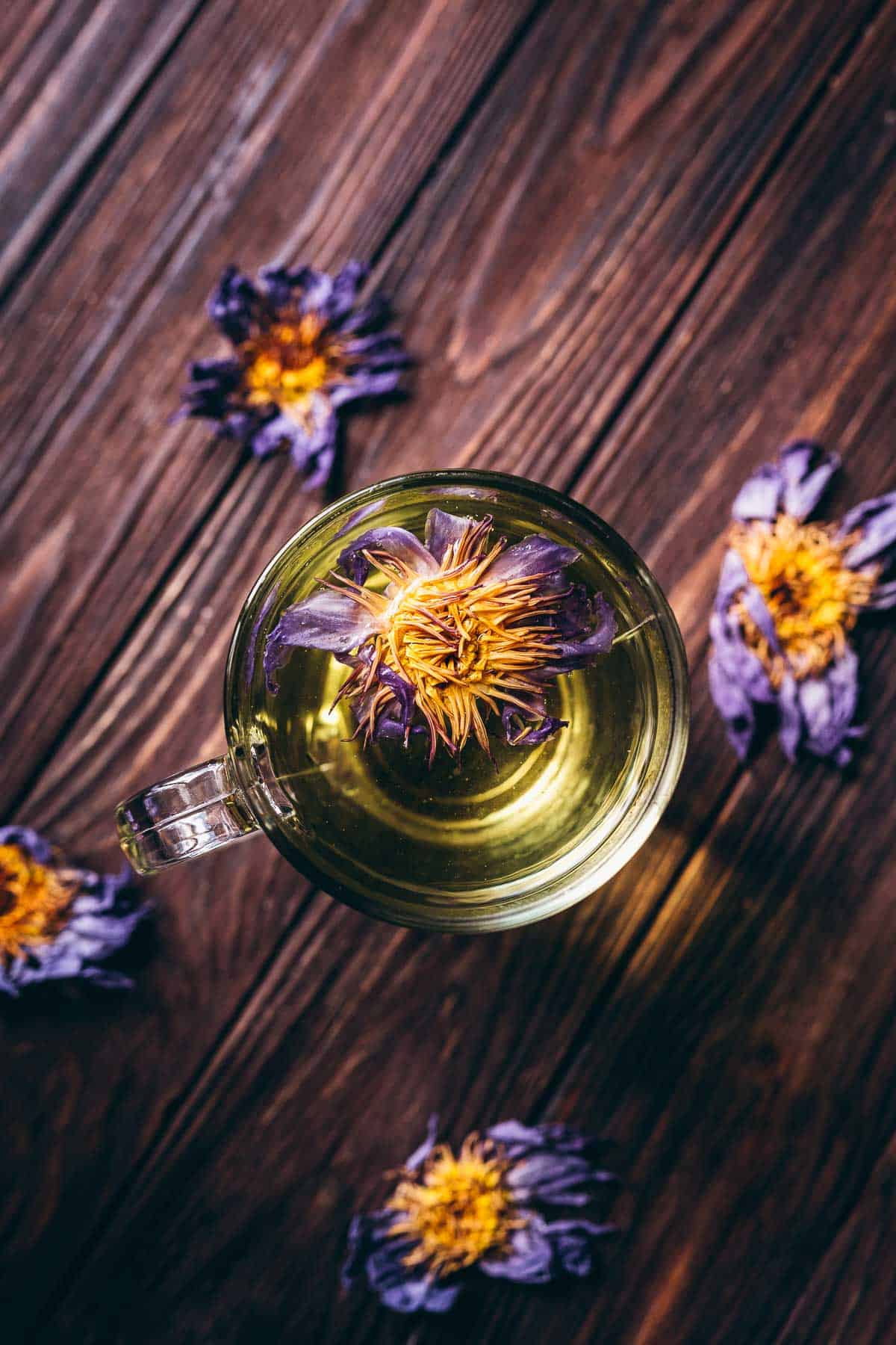 Top view of a mug of blue lotus tea with a purple lotus flower floating on top.