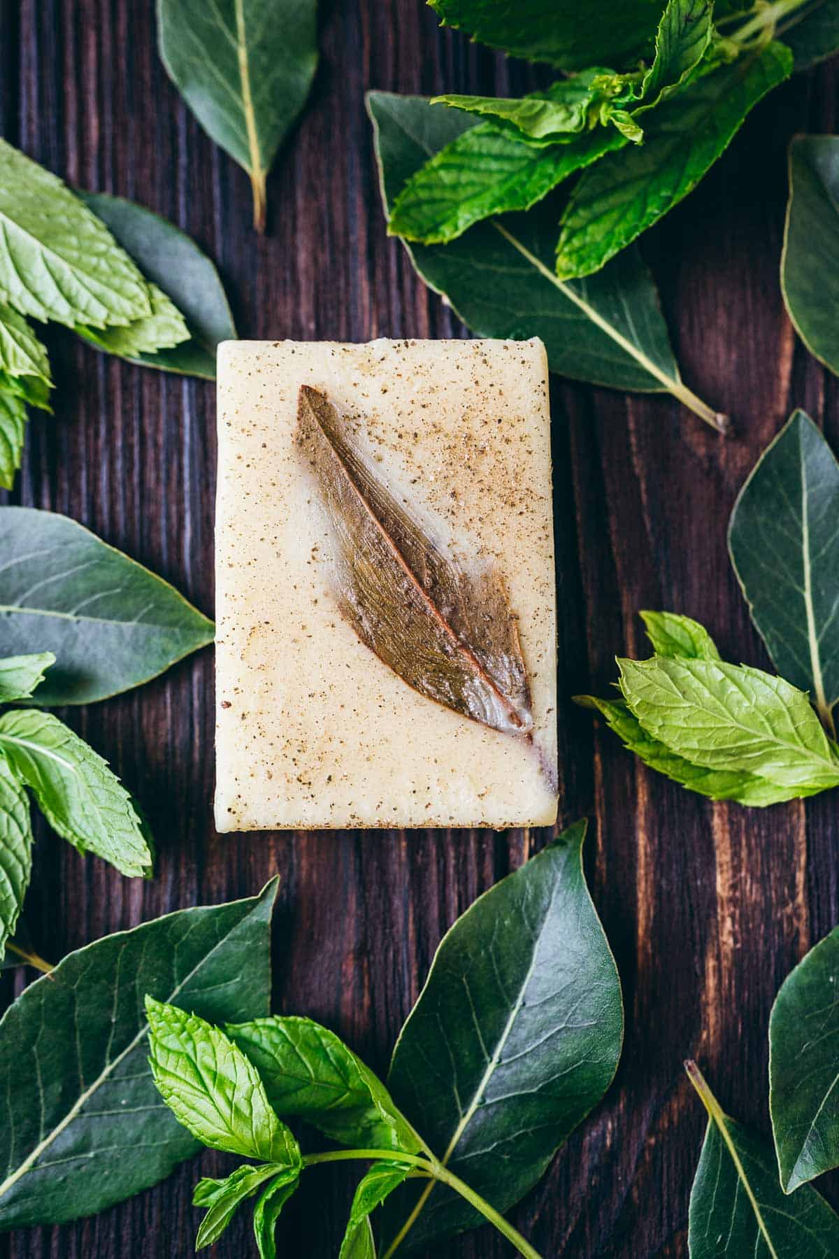 DIY shampoo bars made with mint leaves on a wooden table.