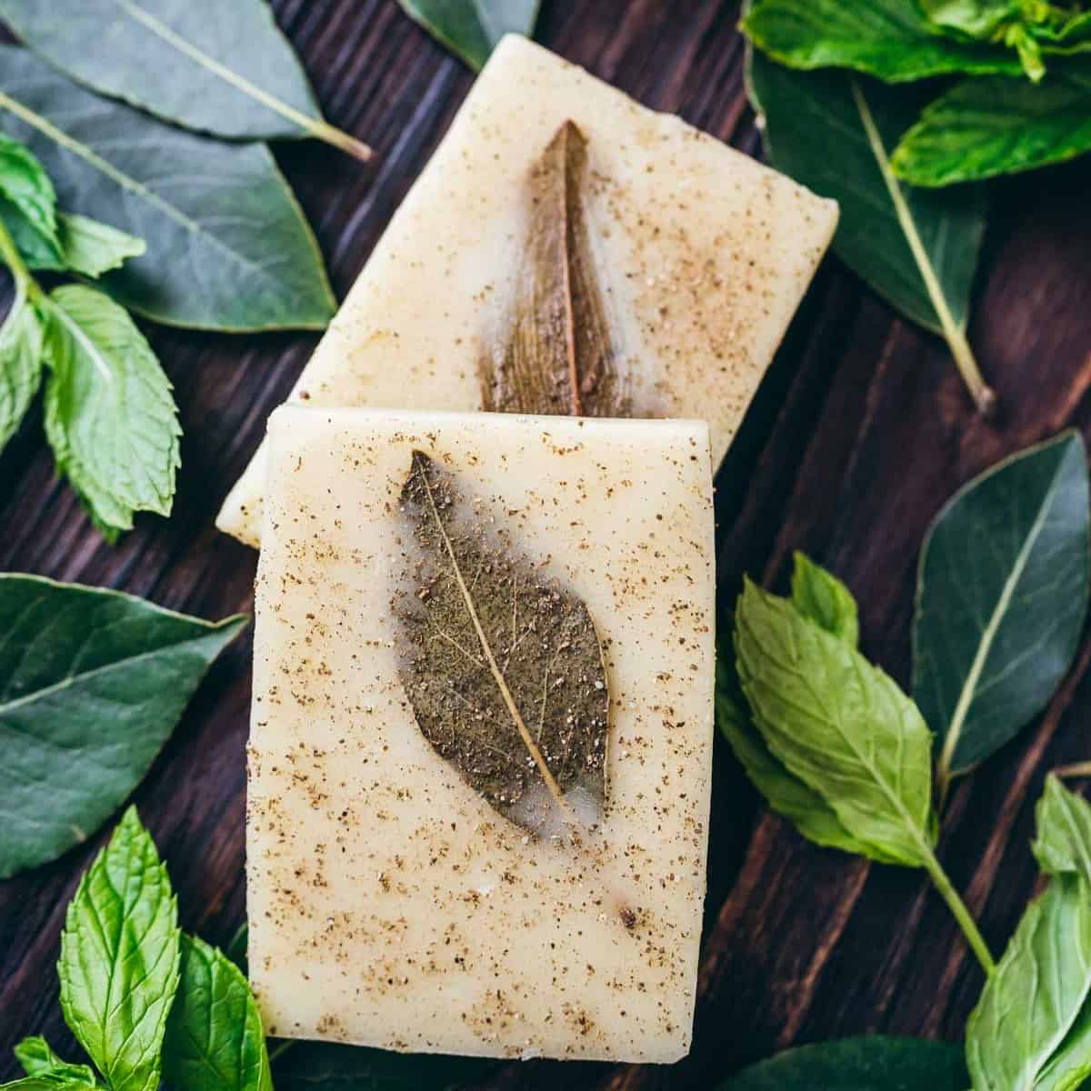 Two DIY shampoo bars with mint leaves on a wooden table.