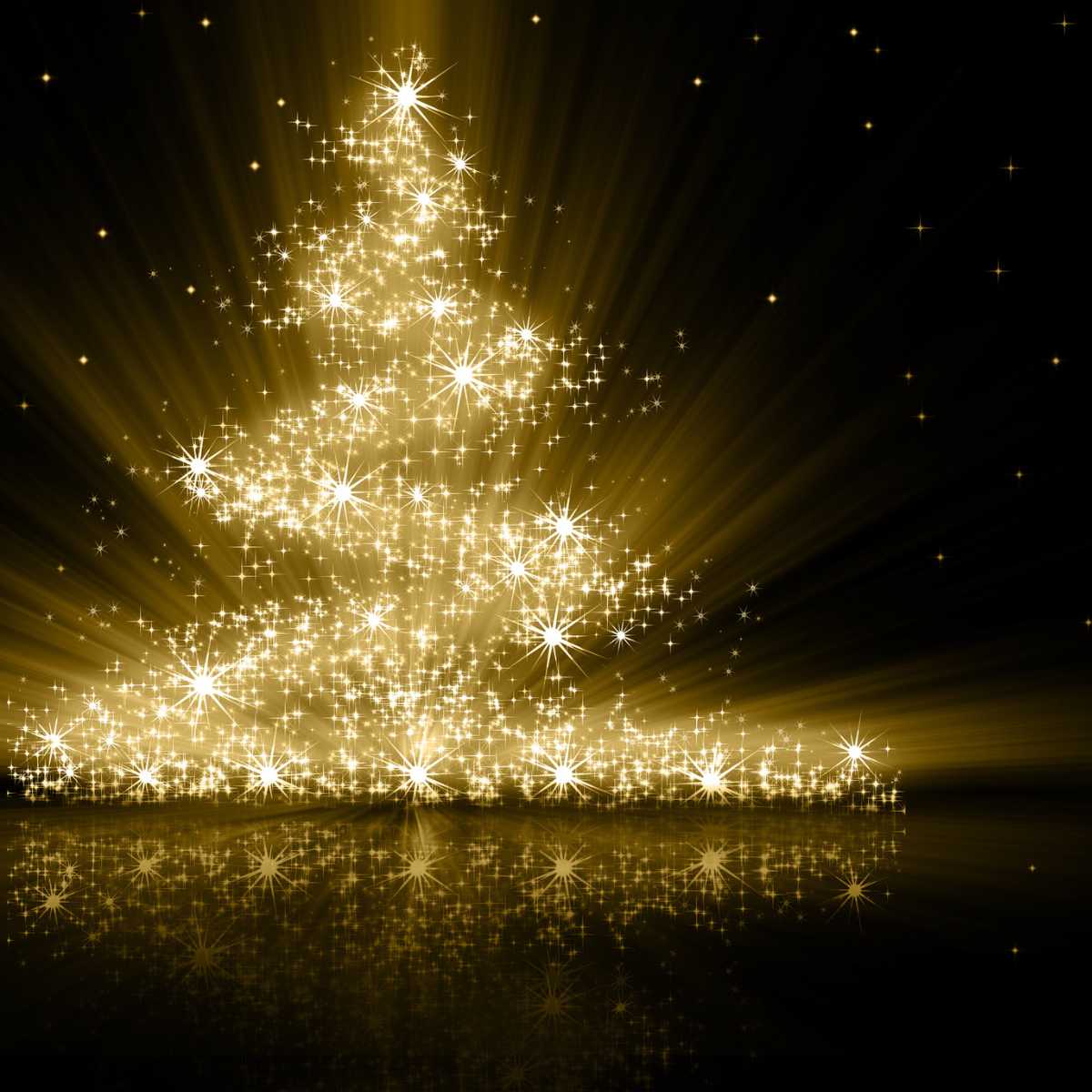 A golden yule tree on a black background.