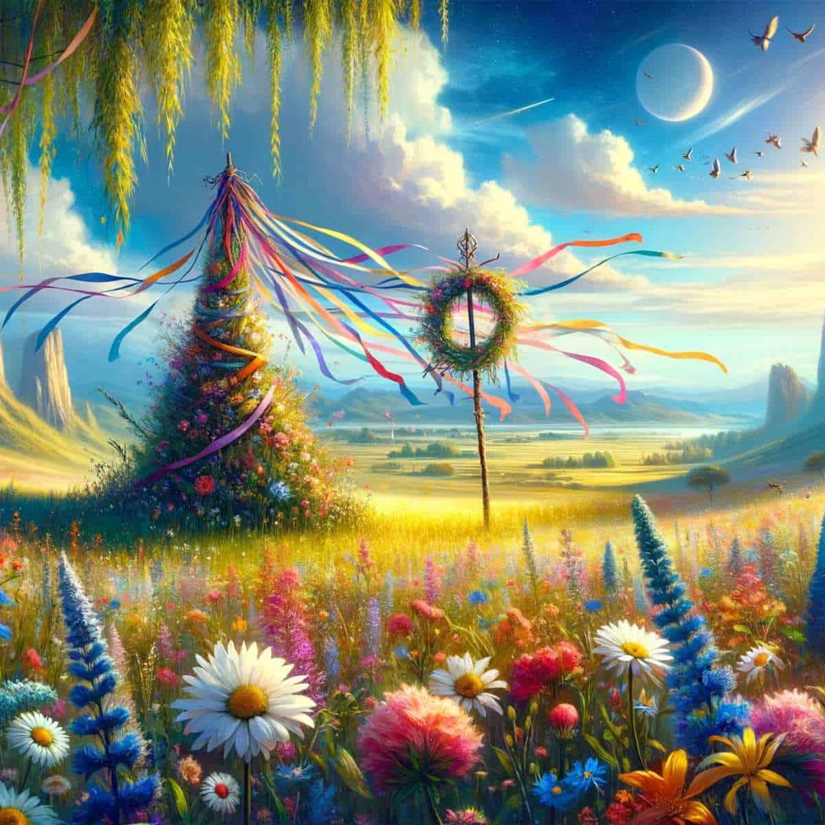 A vibrant painting capturing the beauty of a field adorned with colorful flowers and a majestic tree, inspired by the ever-changing wheel of the year.