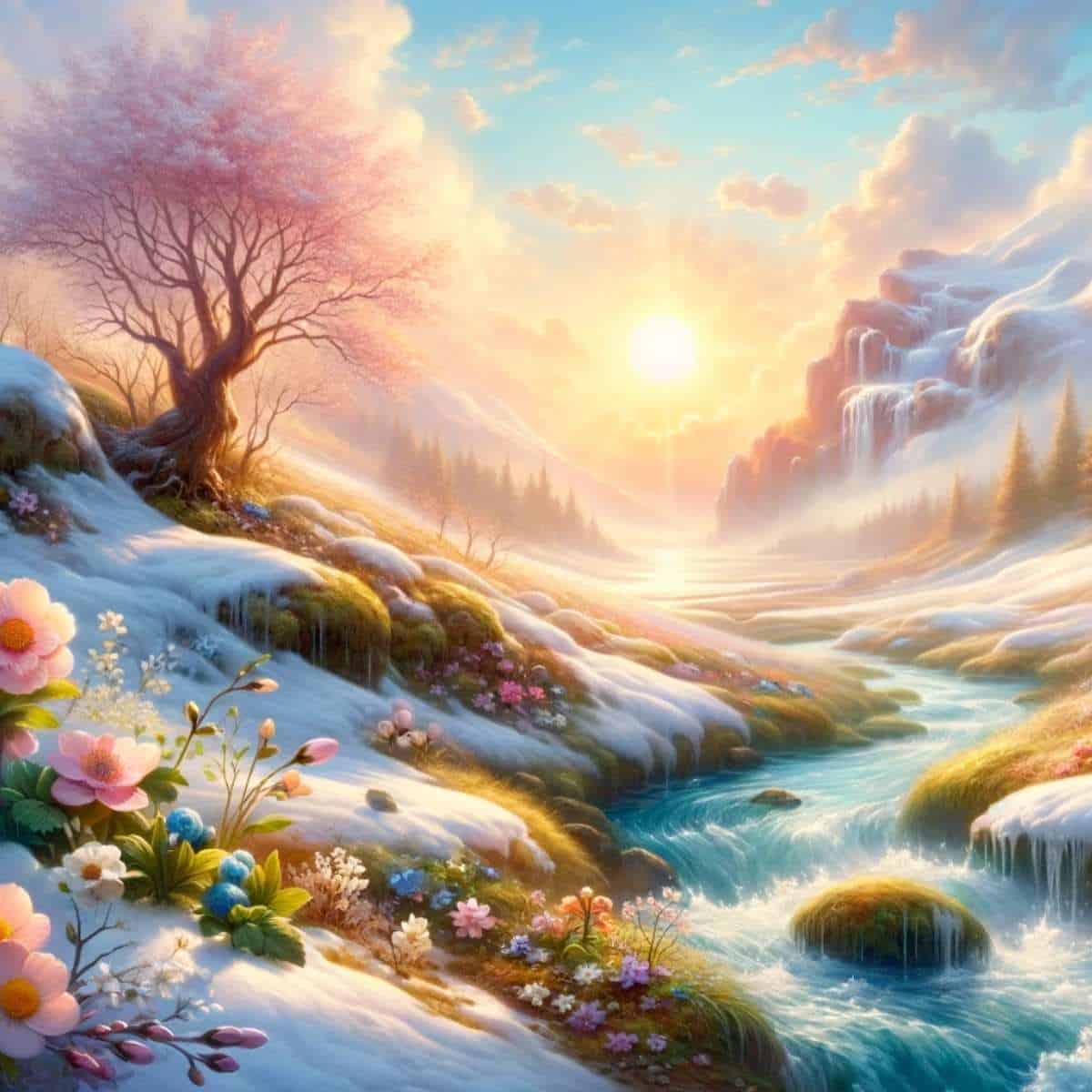 A painting of a snowy landscape with flowers and a river, capturing the serene harmony of nature throughout the wheel of the year.