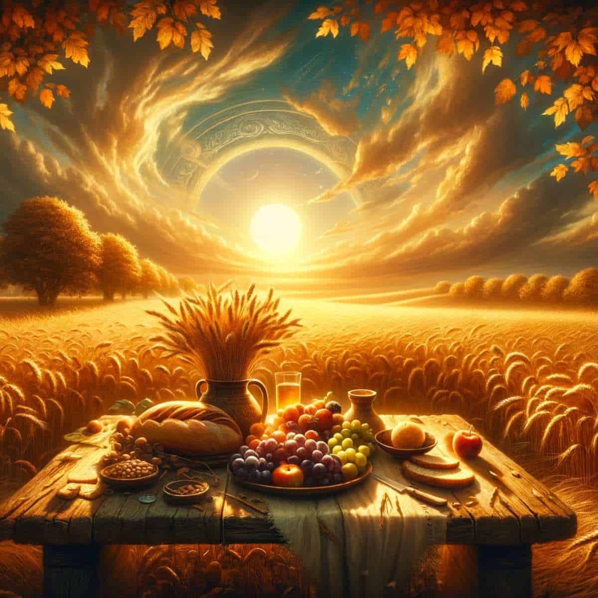 A painting of a table in a field with bread and fruit, inspired by the wheel of the year.