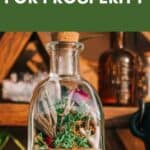 A glass jar filled with assorted dried herbs for prosperity sits on a wooden table, with text above reading “20 Best Herbs for Prosperity.”.