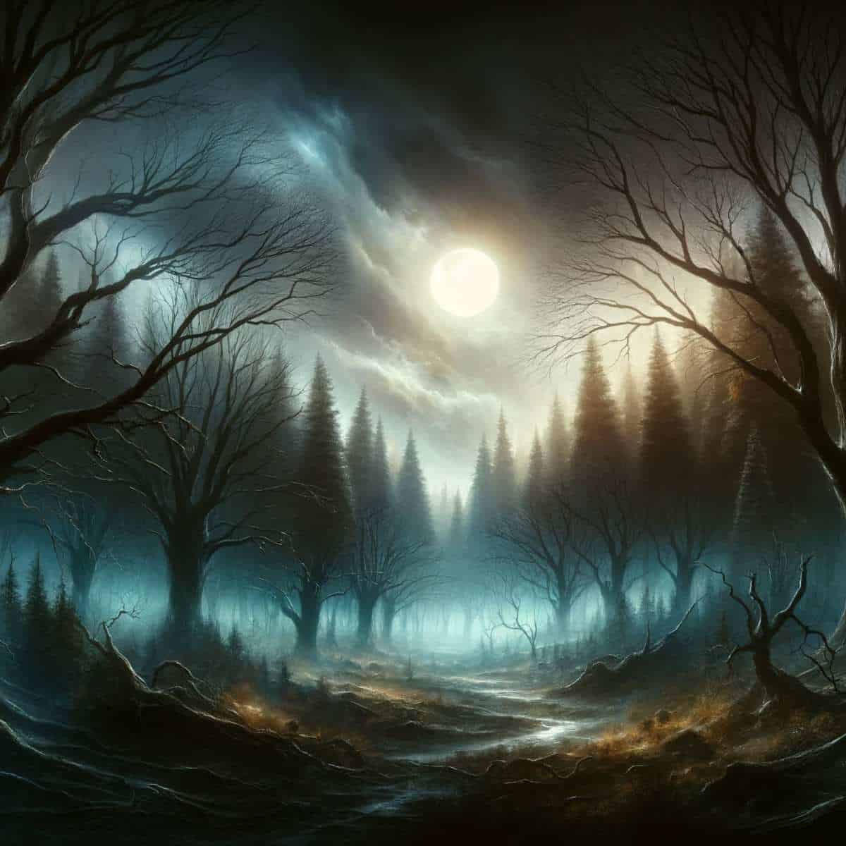 A mesmerizing painting of a dark forest under the enchanting glow of a full moon, evoking the energy of the wheel of the year.