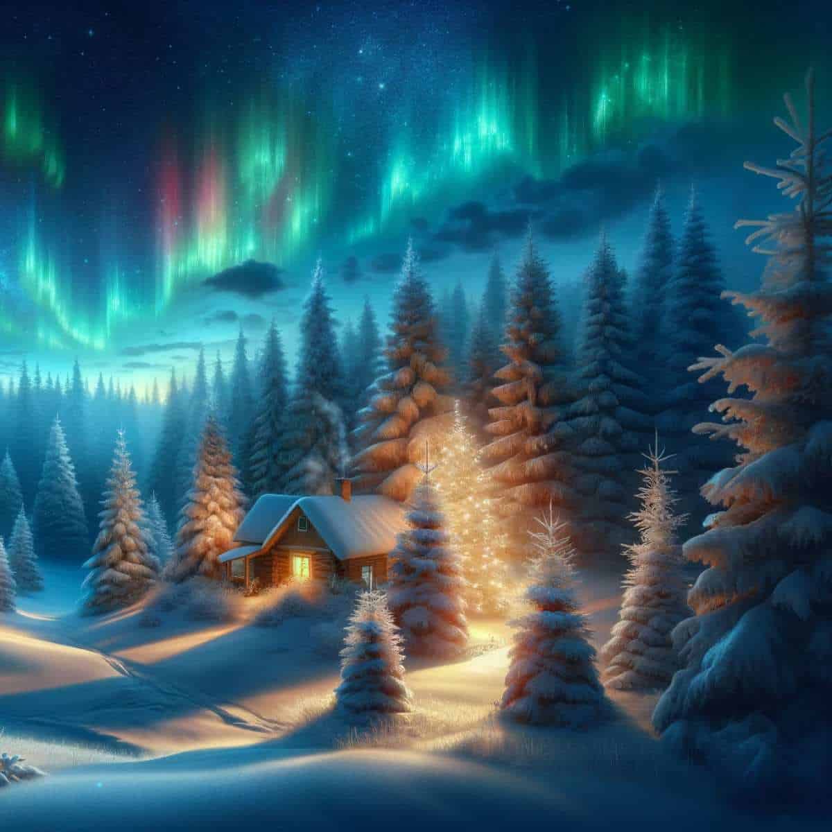 A winter scene with a cabin and aurora lights, capturing the captivating beauty of the wheel of the year.