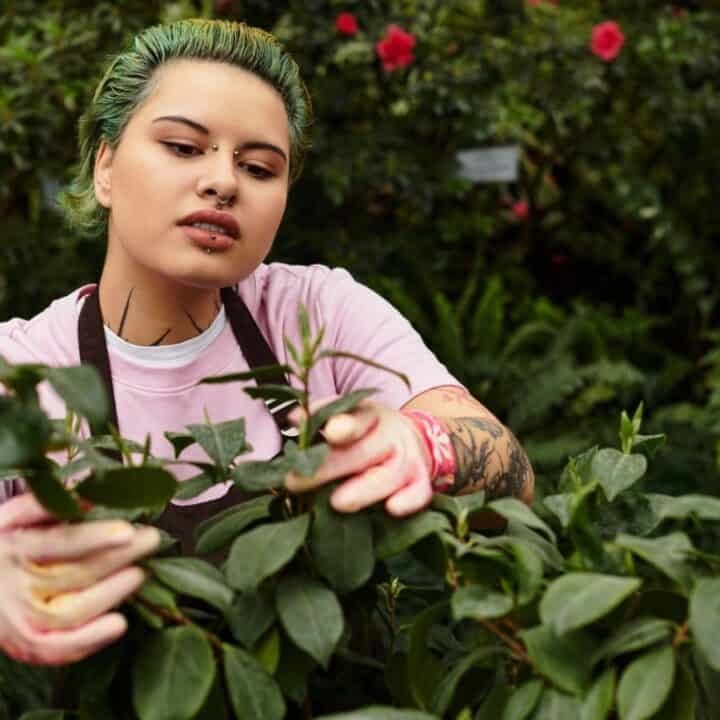 A person wearing gloves and an apron trims green plants in a garden, surrounded by lush foliage and blooming flowers.