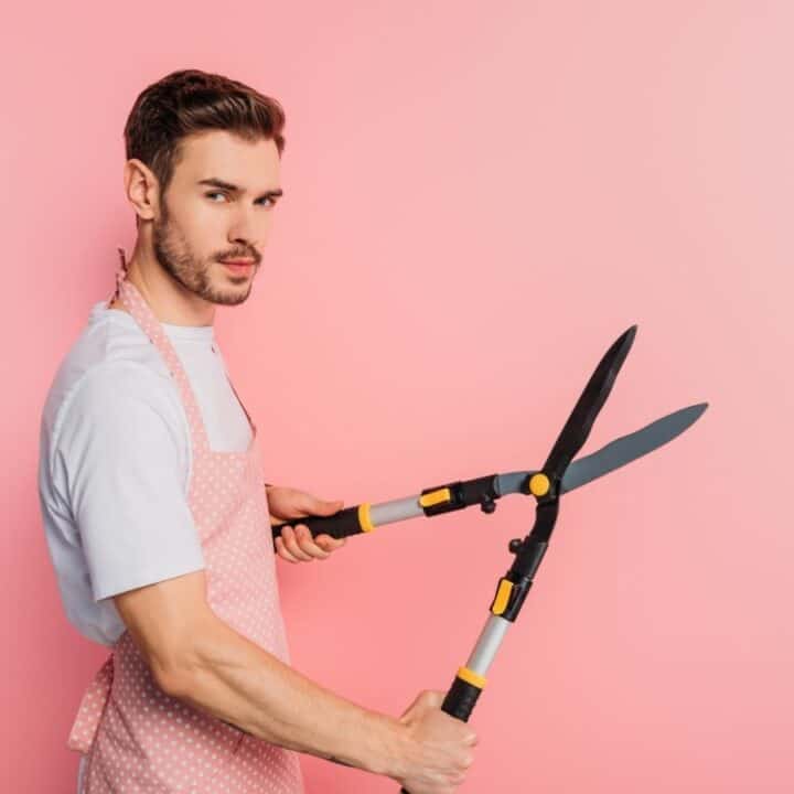 A person wearing a pink apron stands against a pink background, holding garden shears.