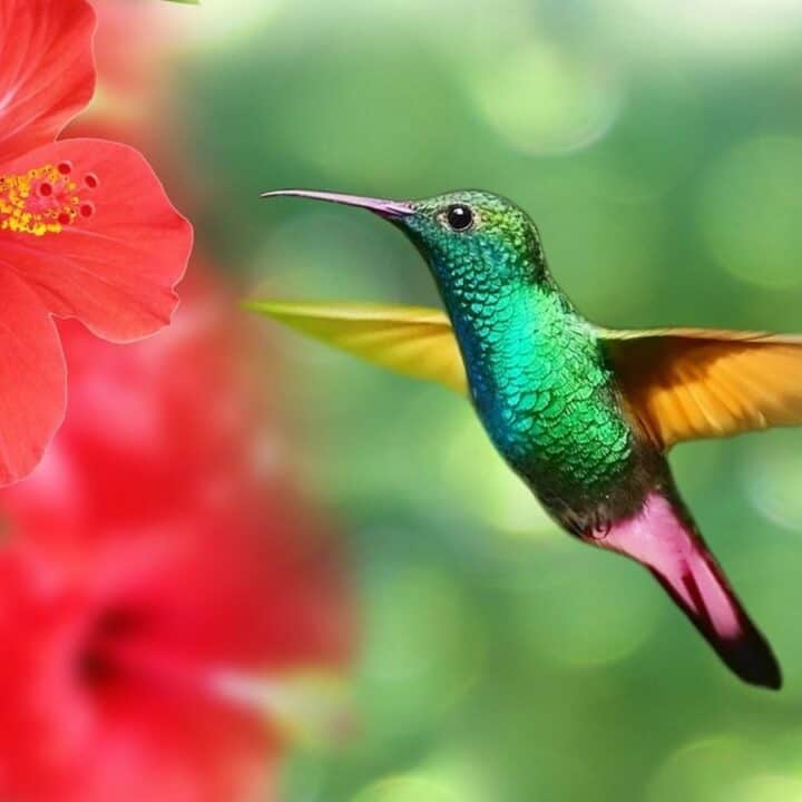 A green hummingbird hovers near a vibrant red hibiscus flower against a blurred green background.