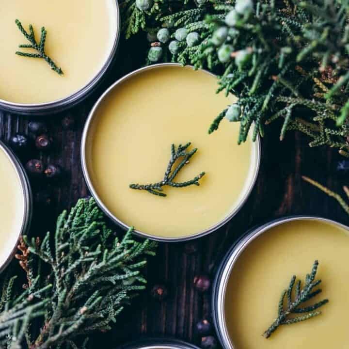 Five tins of balm with evergreen sprigs on top, surrounded by various greenery, placed on a wooden surface.