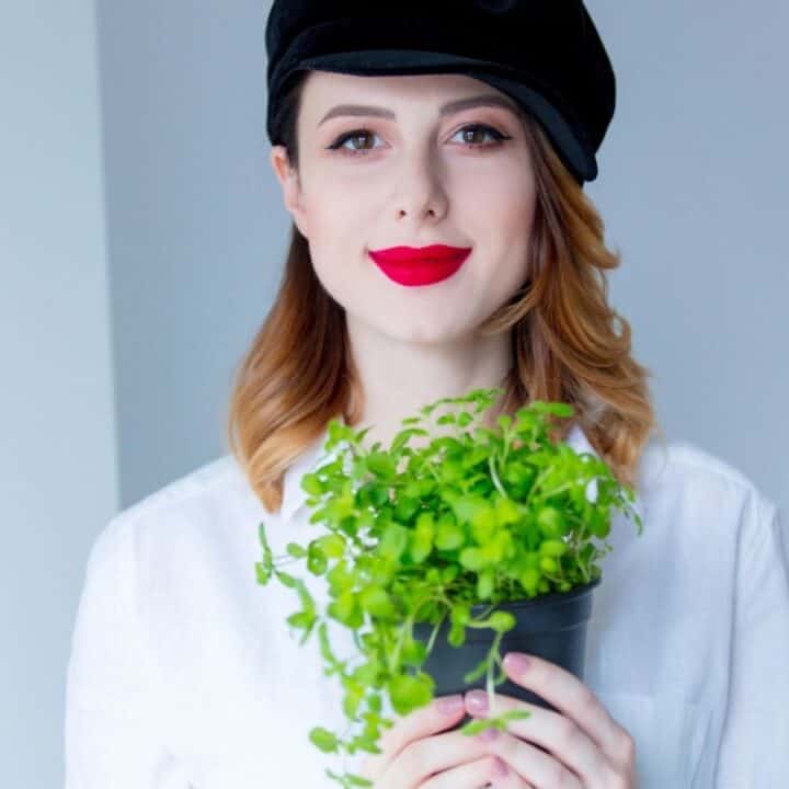 Person wearing a black hat and white shirt holds a small potted green plant and stands in front of a plain light background.