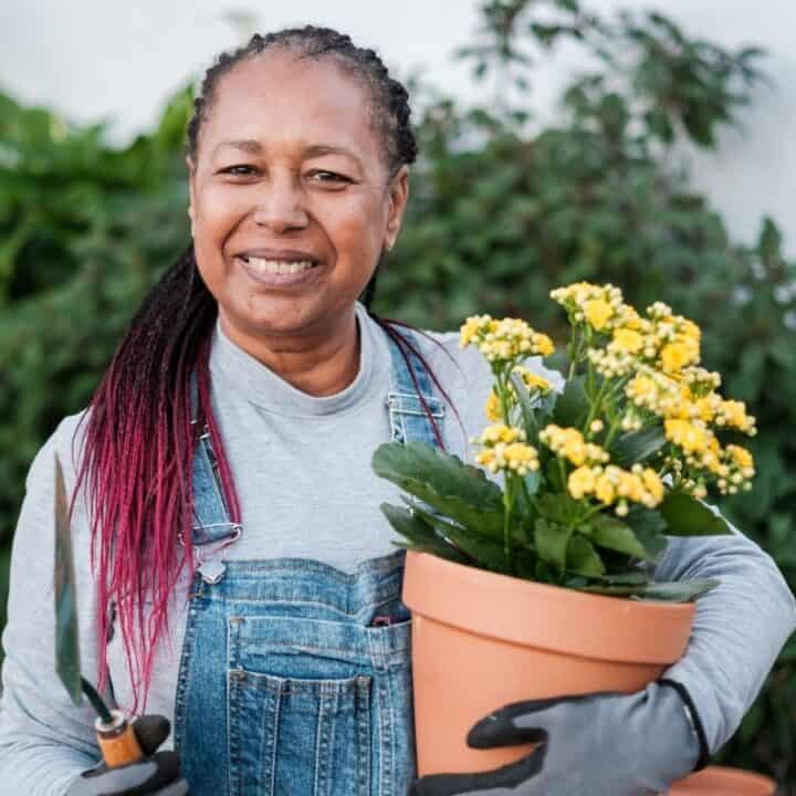 A person wearing overalls and gloves holds a potted yellow-flowered plant and a gardening tool, standing in a garden with greenery in the background.