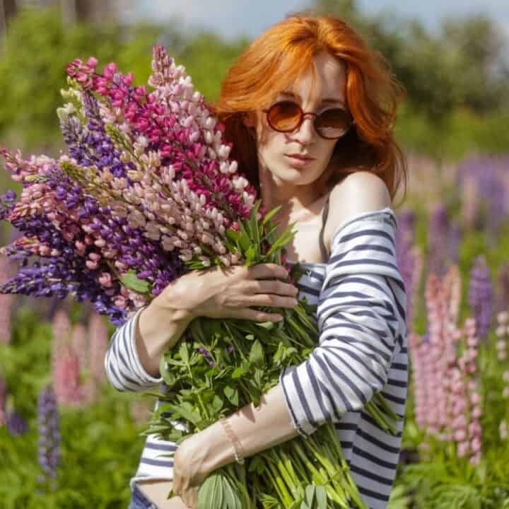 A person with red hair in sunglasses and a striped shirt holds a large bouquet of lupines in a field of blooming flowers on a sunny day.
