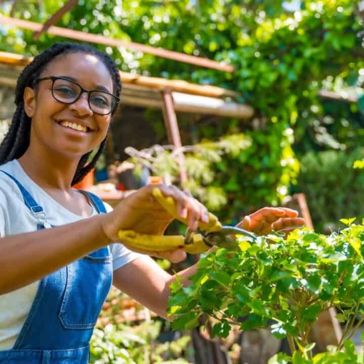 A woman wearing glasses and denim overalls smiles while pruning a green plant in a garden. Shelves with potted plants are visible in the background.