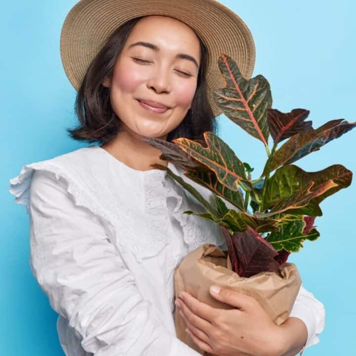 A woman in a hat and white blouse smiles with her eyes closed while holding a potted plant against a light blue background.