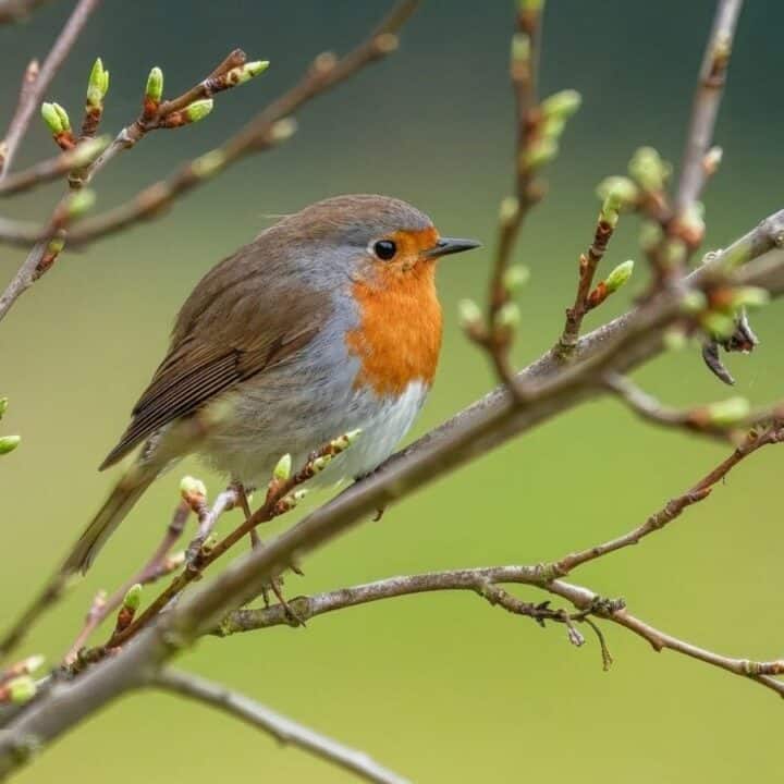 A robin with a red breast is perched on a branch with budding leaves against a blurred green background.