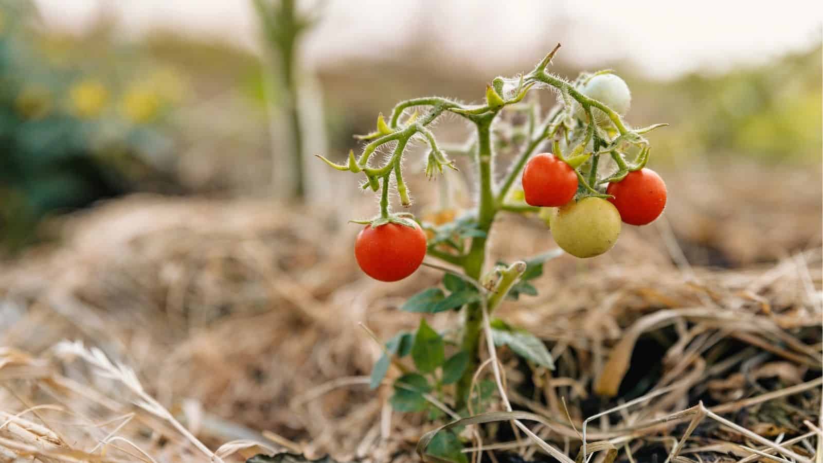 A small tomato plant growing outdoors with ripe red and unripe green tomatoes, surrounded by dry straw mulch.