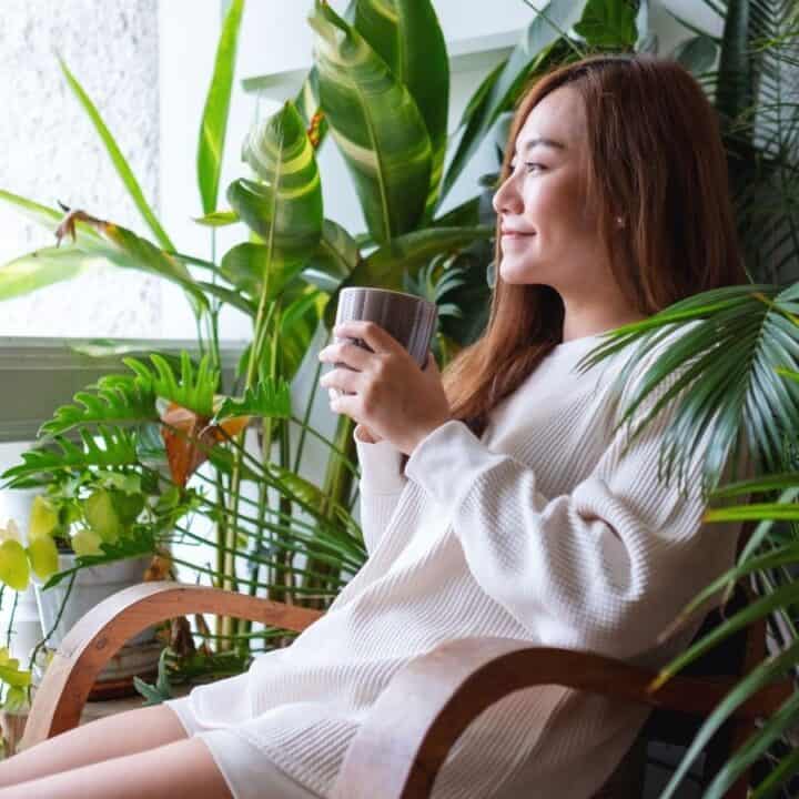 A woman sits on a wooden chair surrounded by green plants, holding a mug and looking out, appearing relaxed.
