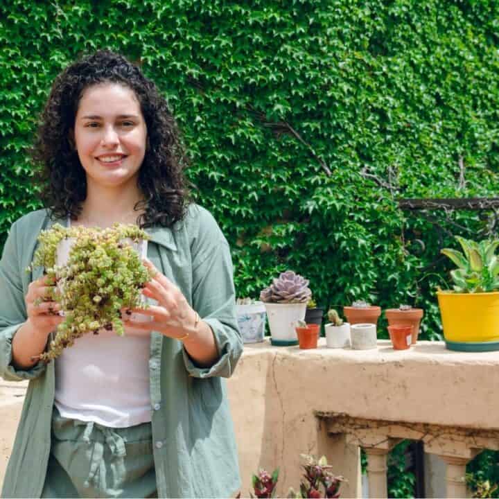 A woman stands outdoors holding a potted plant, surrounded by various potted plants on a ledge, with a green ivy-covered wall in the background.