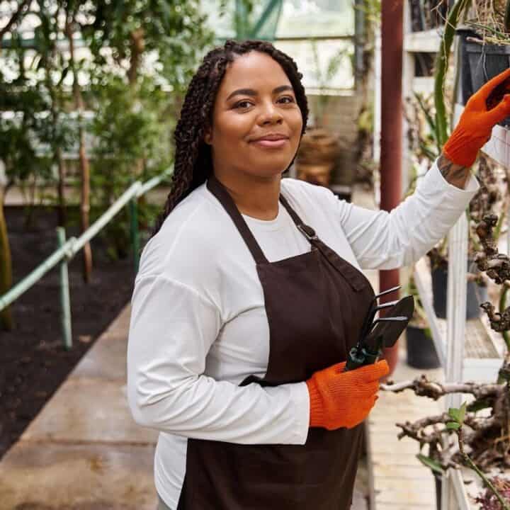 A person wearing an apron and orange gloves tends to potted plants on a shelf in a greenhouse.