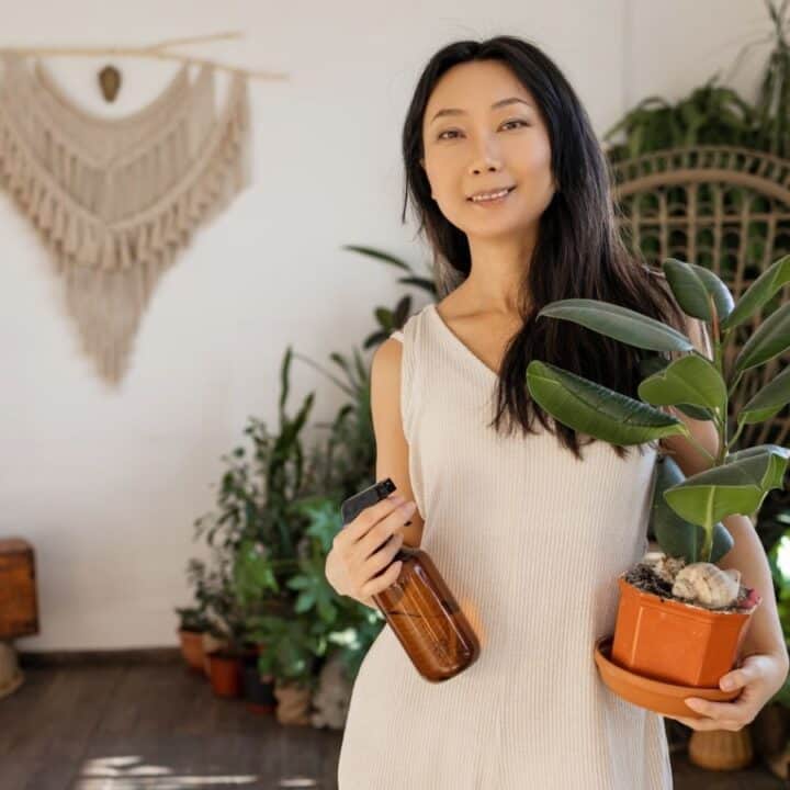 Woman holding a potted plant and a spray bottle stands in a room filled with various indoor plants and natural decor.