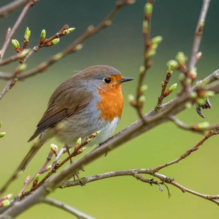 A small bird with an orange-red breast and brown wings is perched on a budding tree branch against a blurred green background.
