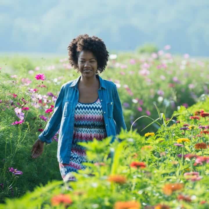 A woman in a patterned dress and denim shirt walks through a field of colorful wildflowers on a sunny day.
