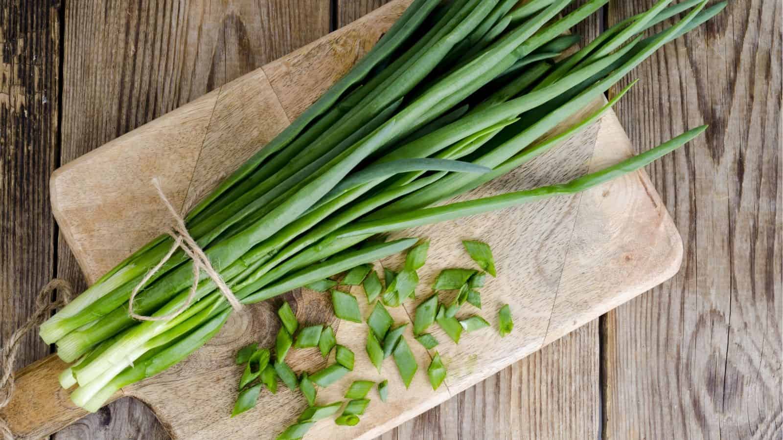 A bunch of fresh green onions tied with twine lies on a wooden cutting board, with some green onions chopped into pieces nearby.