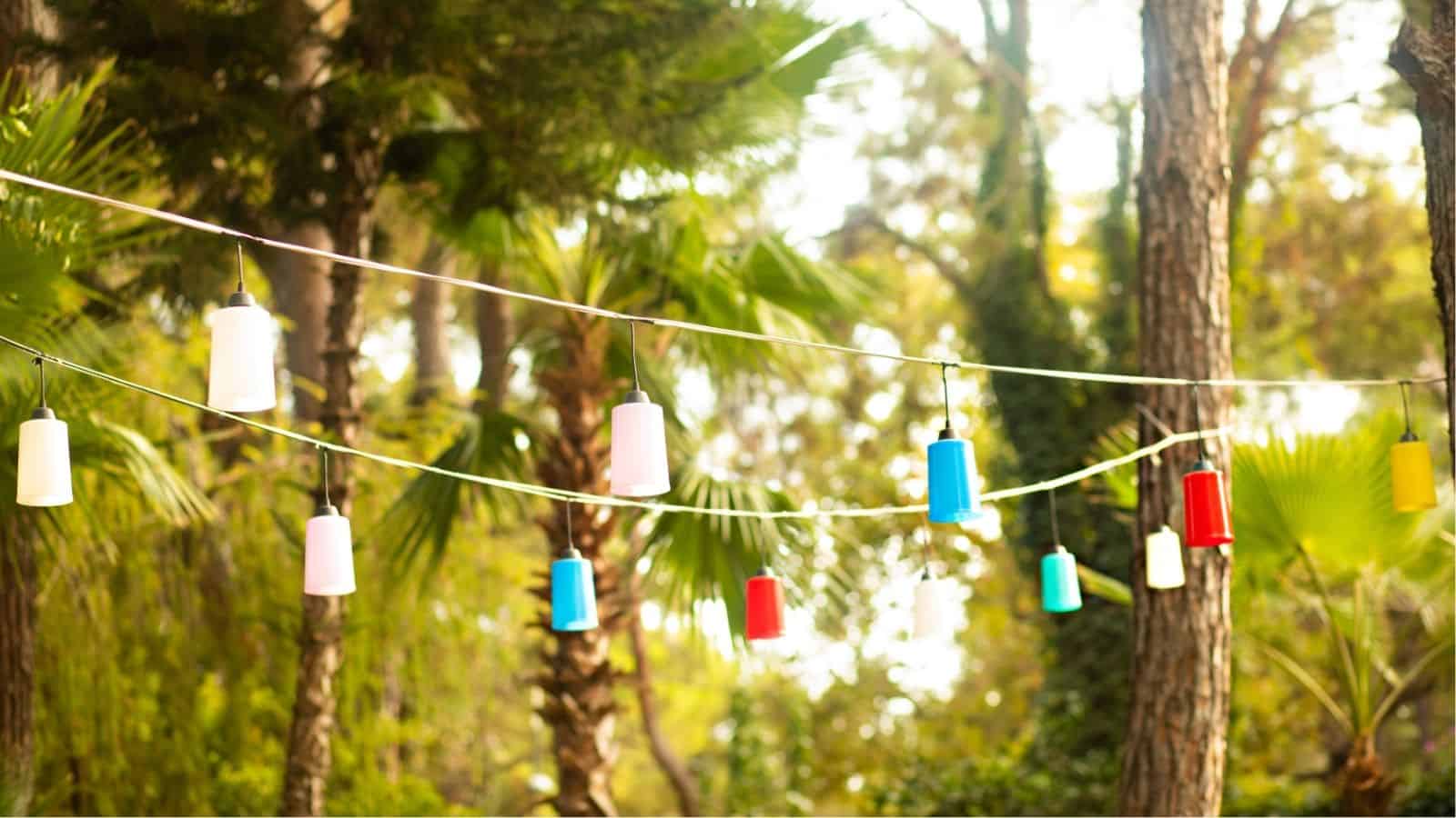 Colorful lanterns hang from strings between trees in a sunlit outdoor setting with lush greenery and palm leaves in the background.