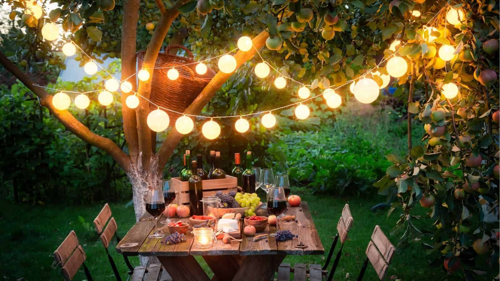 A rustic outdoor table is set with wine, cheese, fruit, and bread under a tree with string lights, surrounded by chairs in a garden at dusk.