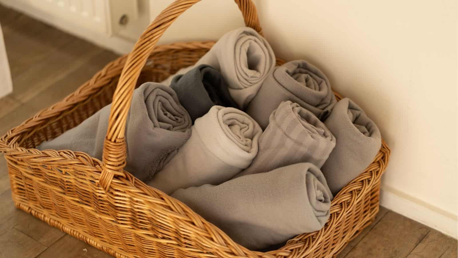 A wicker basket containing several neatly rolled grey and beige towels placed on a wooden floor near a cream-colored wall.