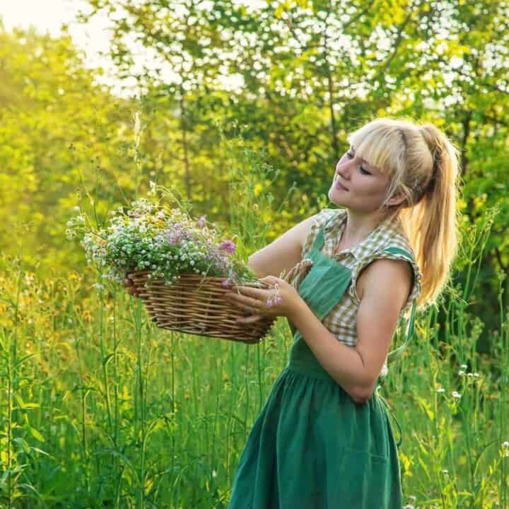 A woman in a green dress stands in a sunlit meadow holding a basket of wildflowers, surrounded by tall grass and greenery.