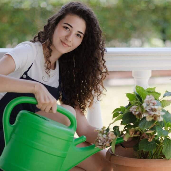 A woman with curly hair waters a potted plant with a large green watering can on a porch.