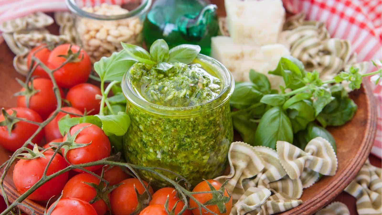 A jar of pesto surrounded by vine tomatoes, fresh basil, pine nuts, cheese, and uncooked striped pasta on a wooden surface.