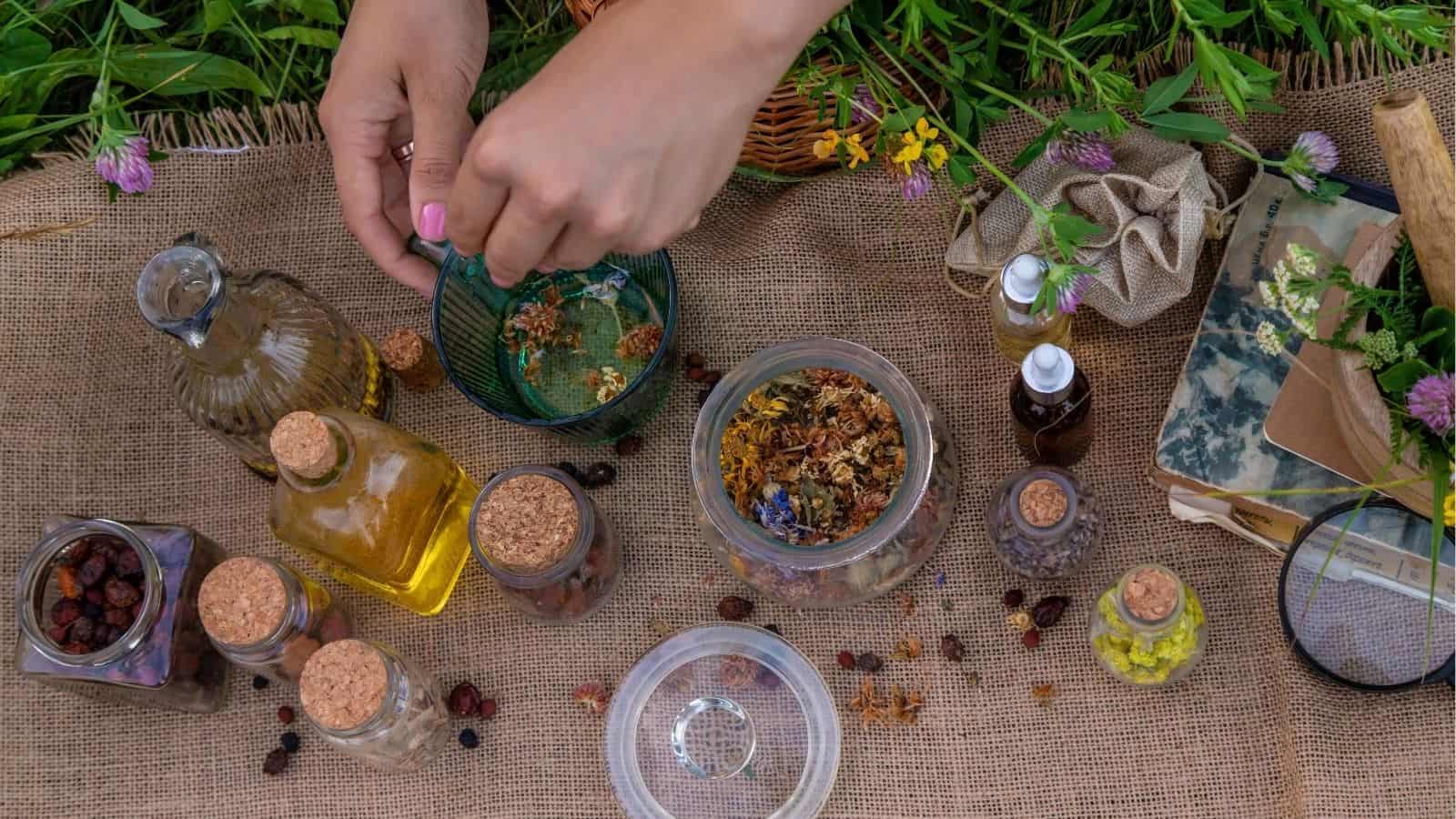 Hands preparing herbal mixtures on a burlap mat with various jars of dried herbs, oils, glass bottles, and a couple of old books, all set outdoors among grass and wildflowers.