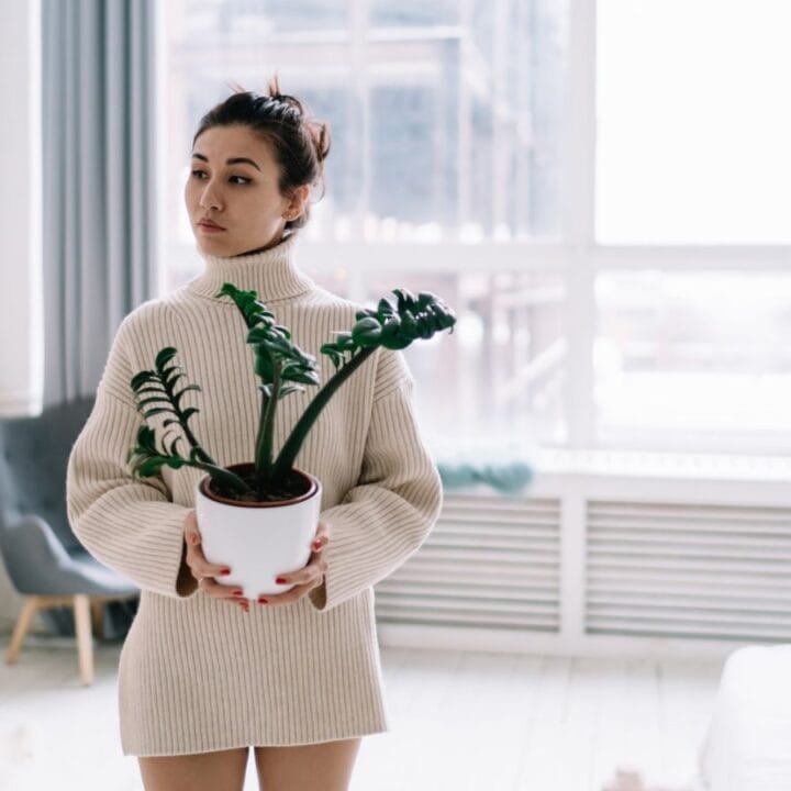 A woman in a beige sweater stands indoors holding a potted plant, with a large window and minimal furnishings in the background.