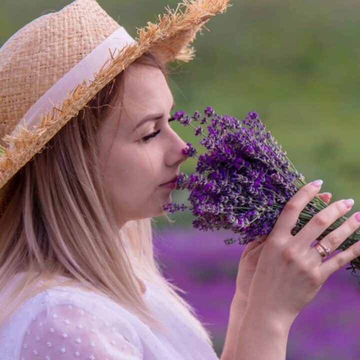 A woman wearing a straw hat holds and smells a small bouquet of lavender flowers in an outdoor field.