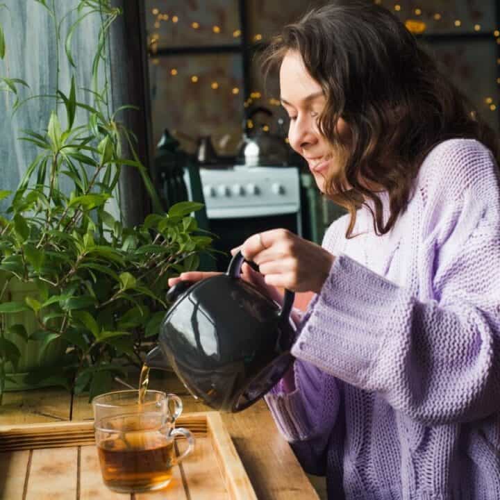 A woman in a lavender sweater pours tea from a black teapot into a glass cup at a wooden table next to green plants in a cozy, softly lit room.
