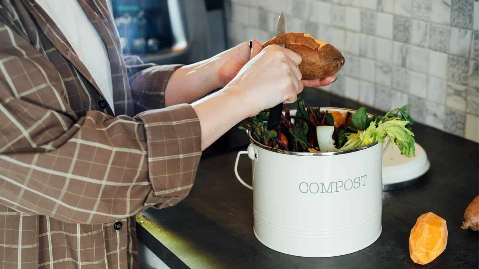 A person peels a sweet potato over a white compost bin filled with vegetable scraps on a kitchen counter.