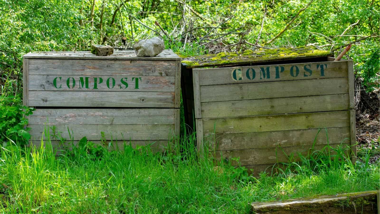 Two wooden compost bins with the word "COMPOST" stenciled on the front, set outdoors among grass and greenery.