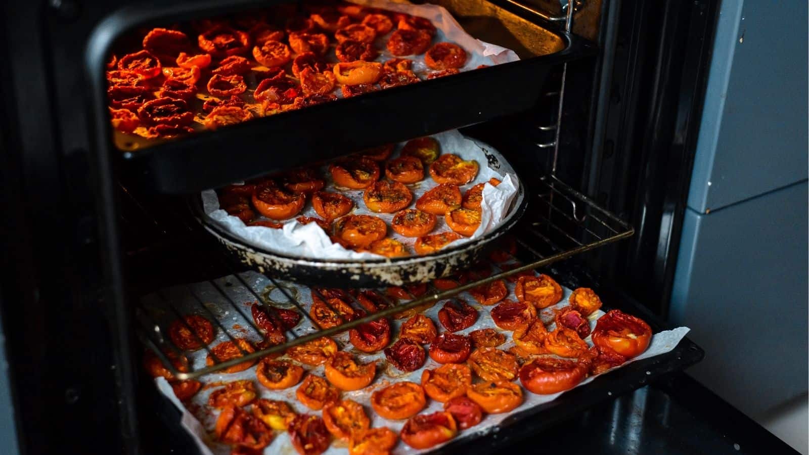 Three oven racks holding trays lined with parchment paper, each filled with halved tomatoes being roasted.