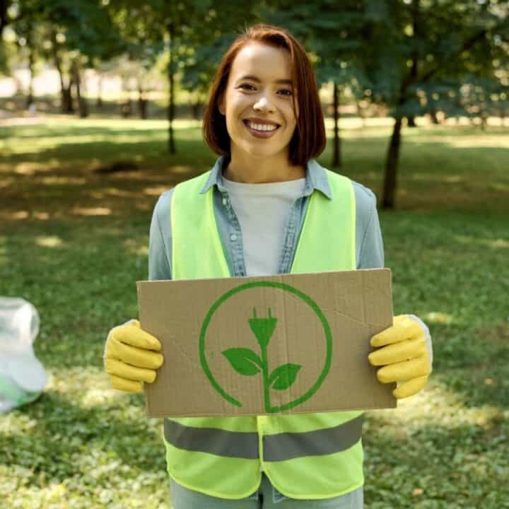 A person in a reflective vest and gloves stands outdoors holding a cardboard sign with an eco-friendly symbol; litter is visible on the grass behind them.