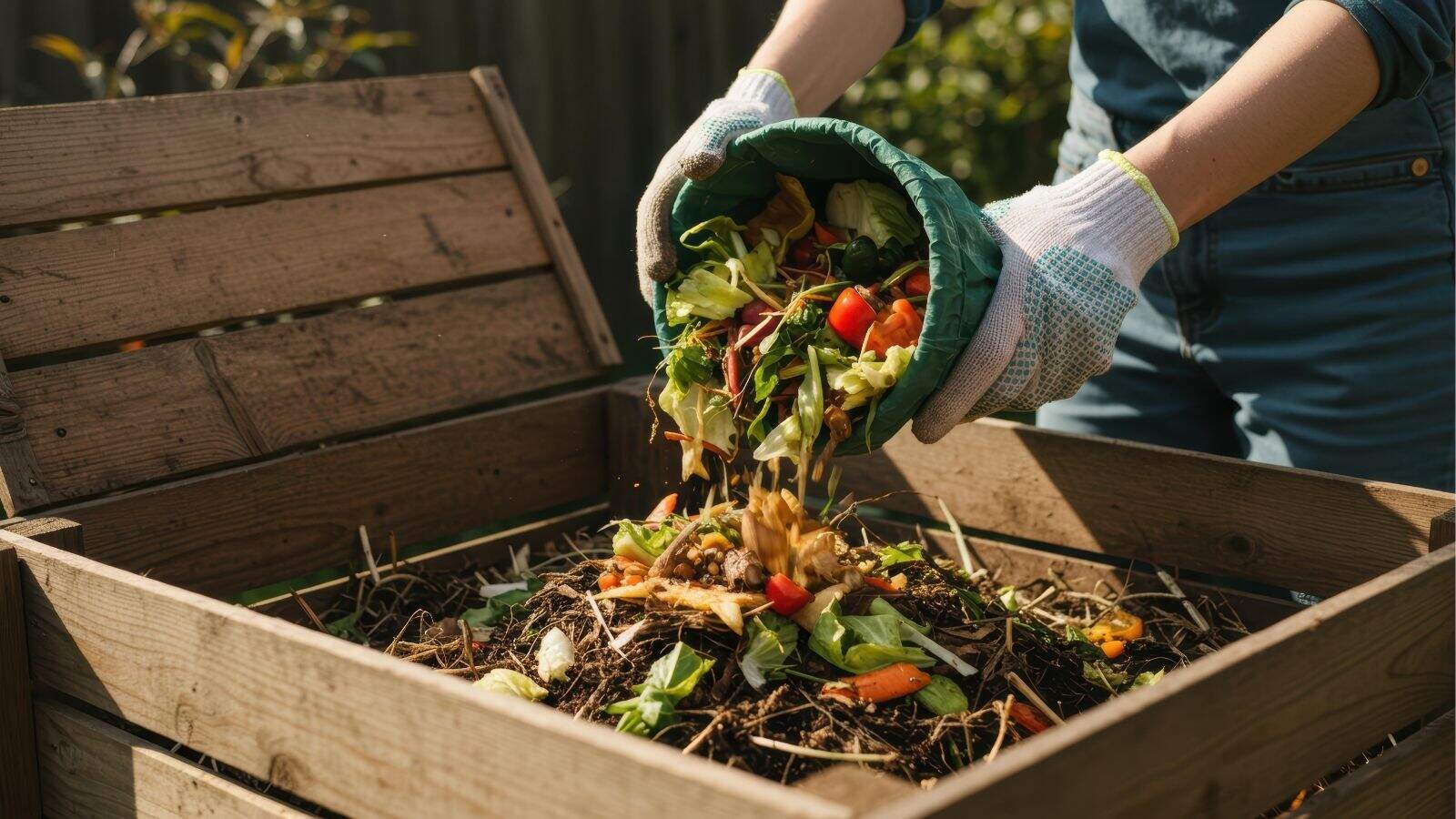 Person wearing gloves adds kitchen vegetable scraps to a wooden compost bin outdoors.