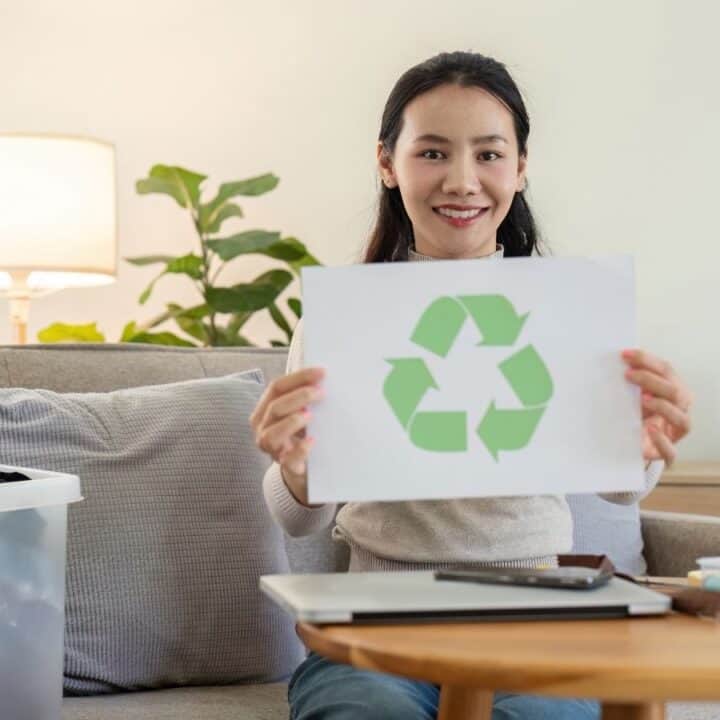 A woman sits on a sofa holding a paper with a green recycling symbol, with a recycling bin, sewing items, and fabric nearby.