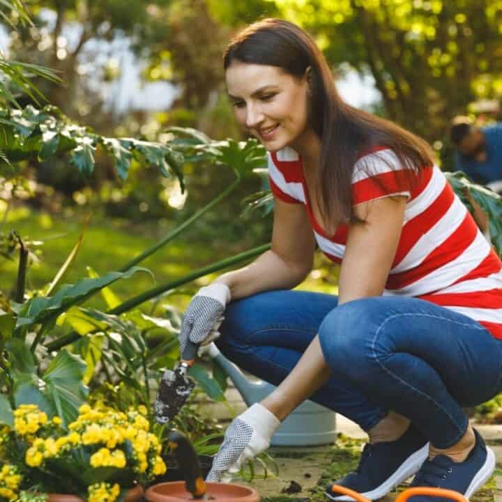 Woman in a red and white striped shirt crouches in a garden, planting flowers in a pot, while a man works in the background.