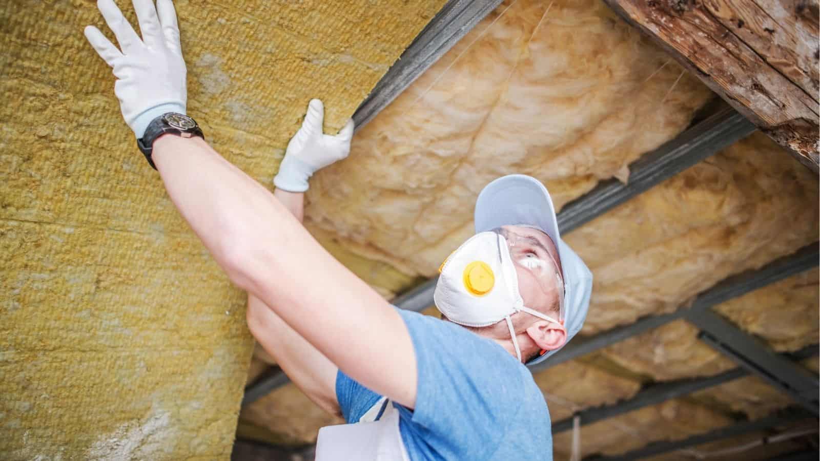 A person wearing gloves and a mask installs yellow insulation panels on a ceiling in a building under construction or renovation.