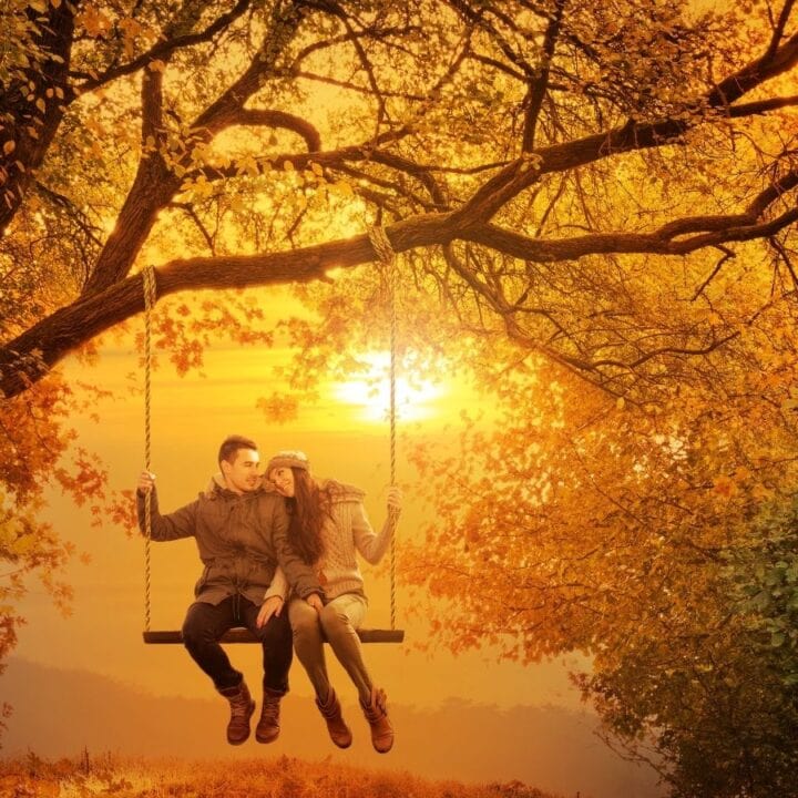 Two people sit on a swing hanging from a tree, surrounded by autumn leaves, with the sun setting in the background.
